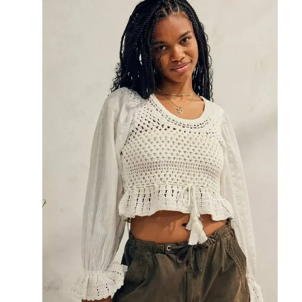 New FREE PEOPLE Megan Crochet Cropped Hem Top $128 X-SMALL Ivory